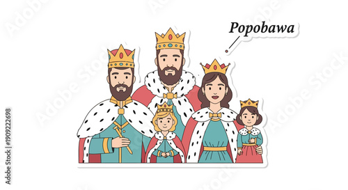 Illustration of a Royal Family consisting of parents and two children wearing crowns and robes
