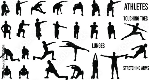 Black silhouettes of people stretching and exercising exercise fitness