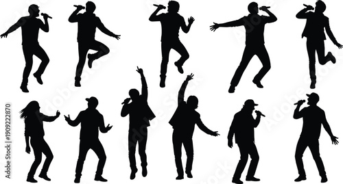 Black silhouettes of people singing and dancing with microphones