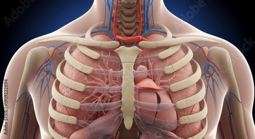 Detailed medical illustration of the human torso showcasing the lungs and rib cage anatomy