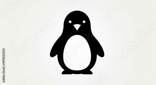 Simple black penguin icon standing upright with white belly on plain background minimalist animal illustration cute cartoon character design