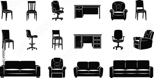 Black and white silhouettes of various office and living room furniture chairs desks