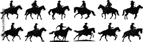 Cowboy horse rider silhouette set, western riding galloping trotting poses, equestrian action vector collection isolated on white background, studio illustration