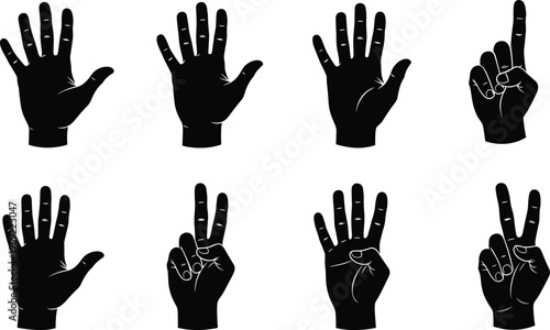 Black silhouettes of hands displaying numbers one to seven in sign language hand signs