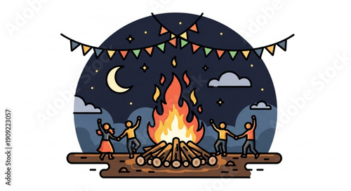 Friends gather around a campfire at night dancing and enjoying a bonfire under starry sky with colorful flags