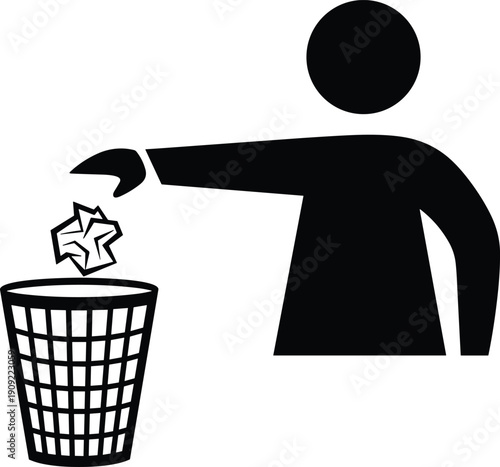 Black silhouette of person throwing paper into trash can