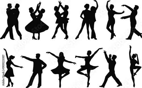 Collection of dancing couple and ballet performer silhouettes isolated on white background elegant movement choreography illustration set for performance design