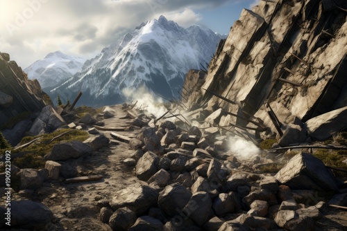 Mountain landscape showing a path covered in rubble from a natural disaster
