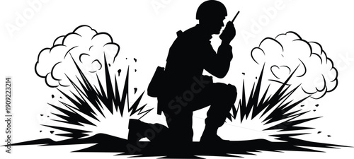 Silhouette of soldier kneeling with radio and battlefield explosion isolated on white background military combat communication illustration design element