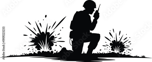 Silhouette of soldier kneeling with radio during battlefield explosion isolated on white background military combat communication concept illustration design element