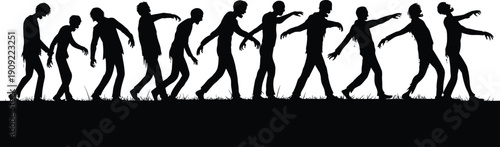 Silhouettes of walking zombies in horror apocalypse scene isolated on white background undead crowd spooky Halloween illustration design element