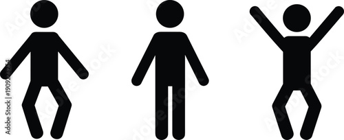 Black silhouettes of three stick figures in different poses people simple stick people