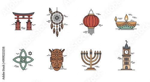 Diverse religious and cultural symbols icons set including torii gate dreamcatcher lantern boat star of david tribal mask menorah clock tower