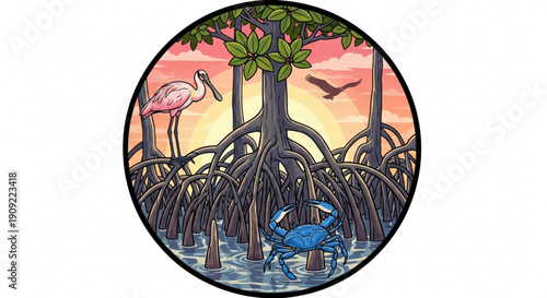 Mangrove ecosystem with flamingo crab and bird at sunset illustration