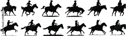 Cowboy horse rider silhouette set, western riding galloping poses, equestrian animal illustration collection, rodeo cowboy action isolated on white background