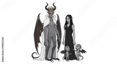 A Demonic Family King, Queen, and Their Two Little Devils Illustration