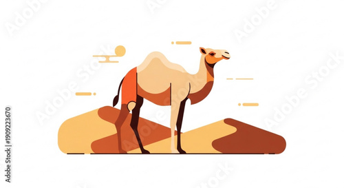 Desert camel standing on sandy dune with sun and abstract shapes around it in warm colors