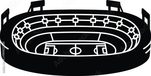 Black and white illustration of an empty sports stadium with seating