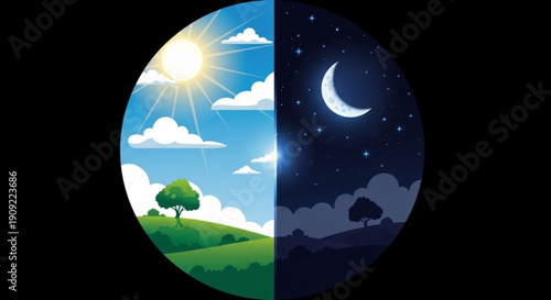 Day and night cycle contrasting landscapes with sun and moon nature's diverse beauty