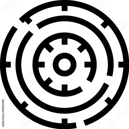 Abstract simple circular maze or labyrinth line icon illustrating challenge, strategy, decision making, and confusion in finding a solution or path forward in various difficult situations