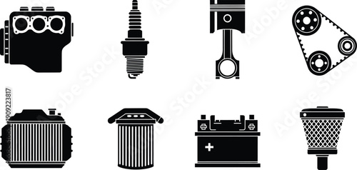 Car engine icon set vehicle parts and components symbols