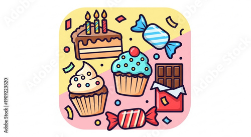 Colorful sweets and desserts with cake cupcakes candy and chocolate on a festive background