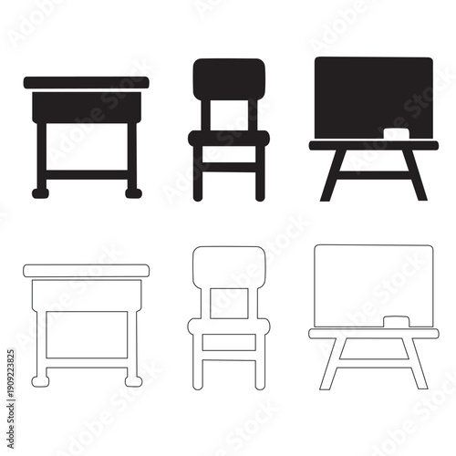 School and Education Icon Set - Desk, Chair, and Blackboard