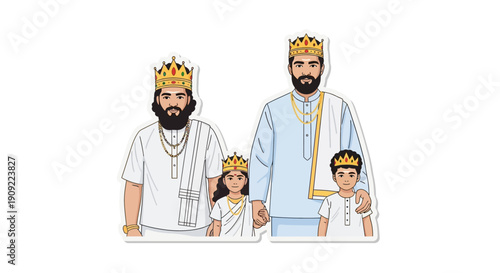 Royal Family Portrait of Two Kings and Their Royal Children Wearing Crowns