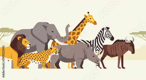 Diverse group of wild african animals standing together in savannah habitat with trees