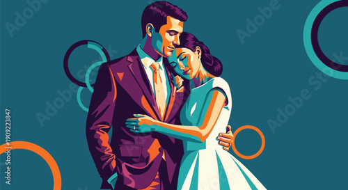 Young couple in wedding attire hugging in pop art style