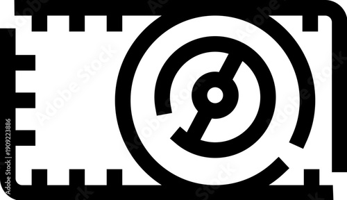 Film strip with perforated edges and circular reel icon, minimalist outline vector representing cinema, movie production, videography, analog media and multimedia interface design
