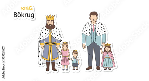 Royal Family Illustration with King, Queen, and Children in Regal Attire