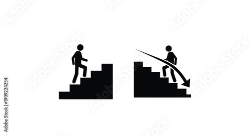 Stick figure illustrates contrasting approaches to overcoming obstacles showing ascent versus decline and a gap metaphor