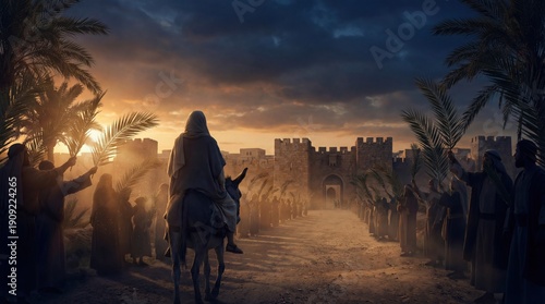 Jesus Christs Triumphal Entry into Jerusalem on a Donkey at Sunset.