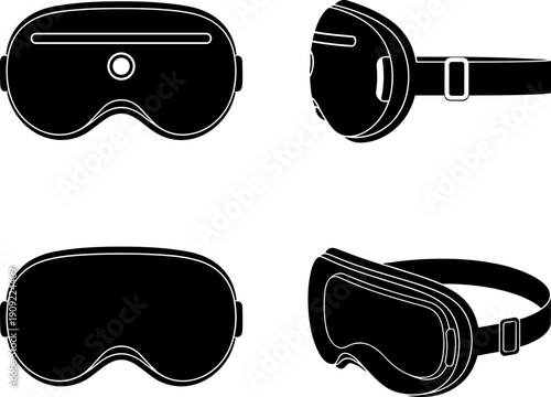 4 view Premium VR/AR Headset & Snow Goggles Black Silhouette Icon Set: Multiple View Vector Collection for Metaverse, Gaming Interface, and Winter Sports UI/UX Design