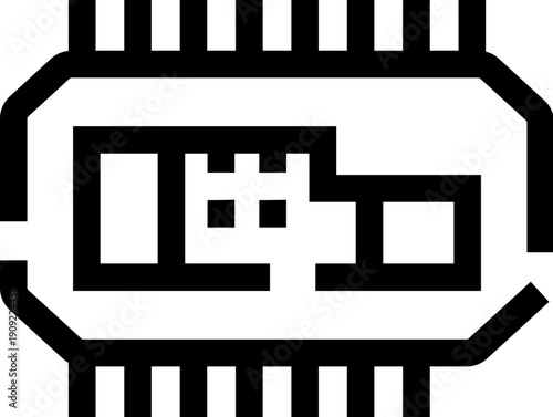 Microchip, depicting internal circuit board elements and connection pins, representing computing power, data processing, and advanced digital technology in a simple vector illustration