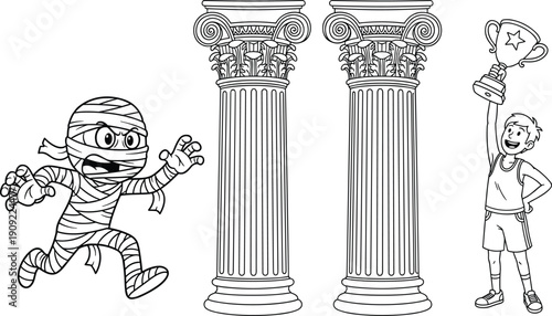 Black and white line art illustration of a scary mummy running past ancient greek columns while a happy boy holds a trophy cup aloft