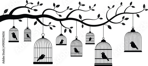 Black silhouette tree branch wall decal with hanging bird cages and birds vector illustration for interior home decor isolated on white background