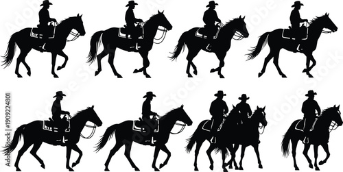 Black silhouette vector illustration set of cowboys riding horses in various gaits and poses, isolated on white background for western and ranch concepts.