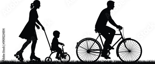 Black silhouette vector of active family where mother roller skates pushing child on tricycle and father rides bicycle on grass for healthy lifestyle concept.
