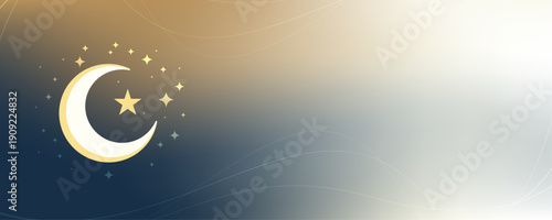 Minimalist Islamic crescent moon and stars on light gradient background