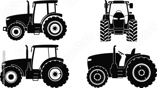 Black silhouette vector set of agricultural farm tractors in various views including side and front profile isolated on white background for industrial design