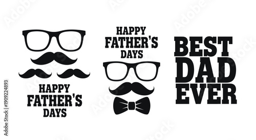 Collection of black and white graphic design elements celebrating fathers day with glasses mustaches and bowties