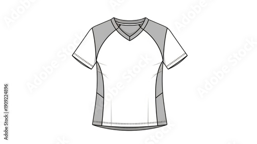 A simple line drawing of a t-shirt with v-neck and short sleeves on a white background from a front viewpoint