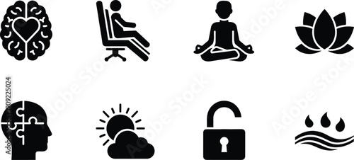 Mindfulness and meditation icon set for mental health and wellness concepts