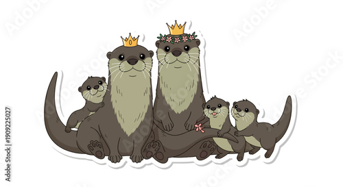 Cute Otter Family with a Crown on the King and Queen Otters