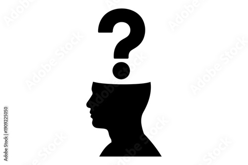 A black silhouette of a human head with a question mark above it, symbolizing confusion or thought