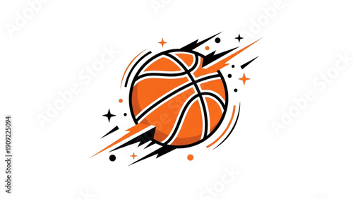 Dynamic illustration of a basketball in motion with abstract lines and shapes around it