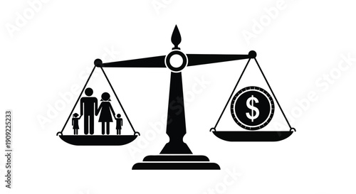 Symbol of a traditional family unit balanced precariously against a large dollar coin on a classic set of scales illustrating financial priorities.