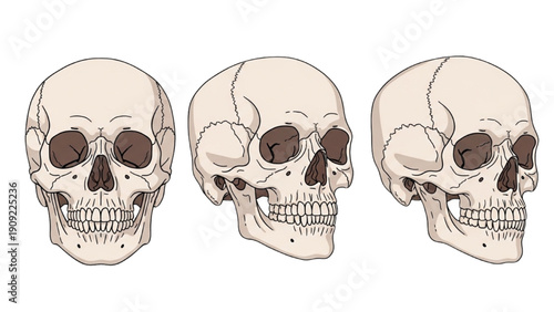 Illustration of three human skulls in various stages of development and facial expressions from different viewpoints